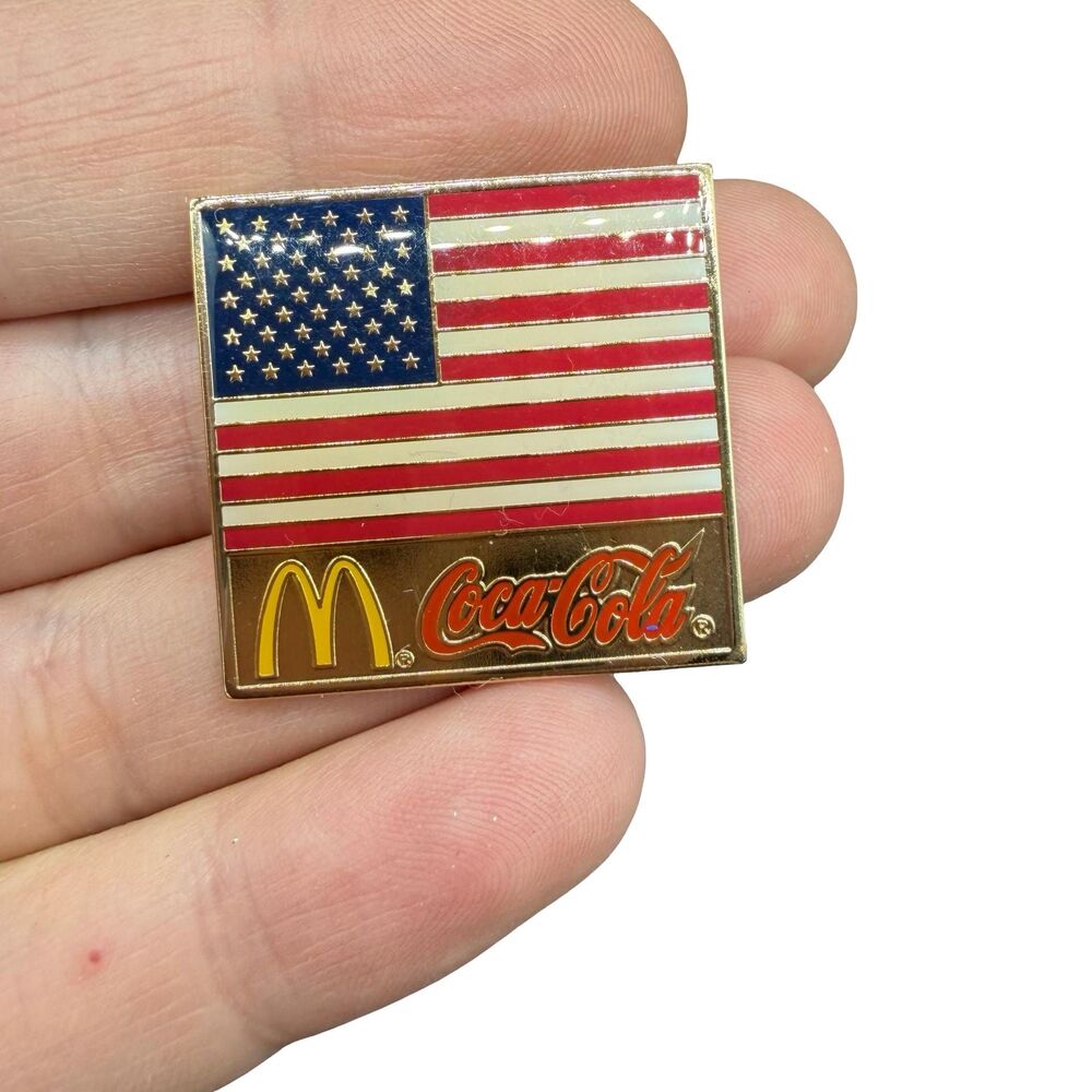Vintage McDonalds Crew Pin Employee Bling Button COCA COLA USA Flag